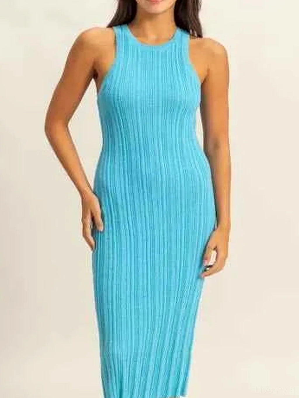 Blue Round Neck Bodycon Ribbed Knit Dress