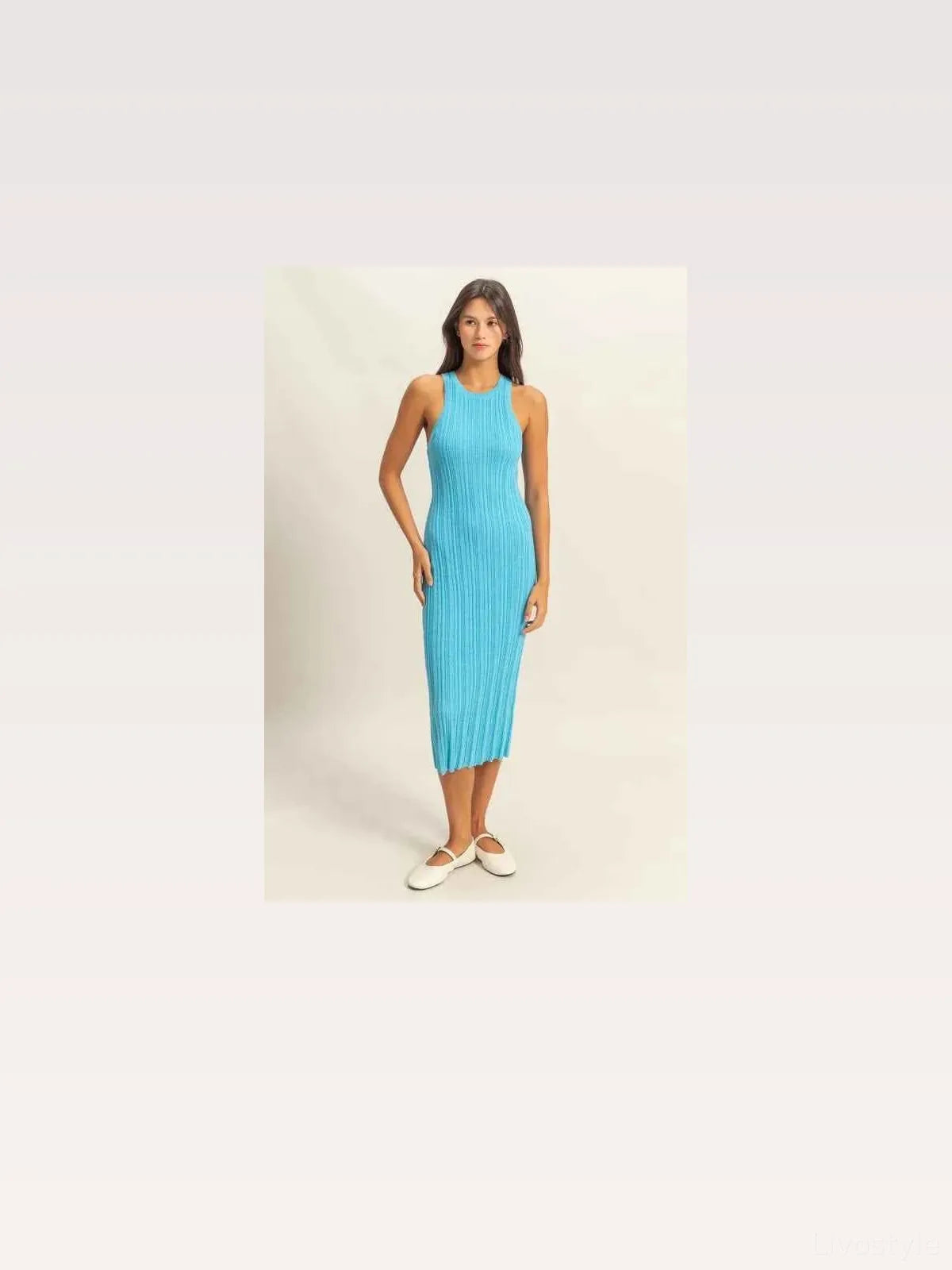 Blue Round Neck Bodycon Ribbed Knit Dress