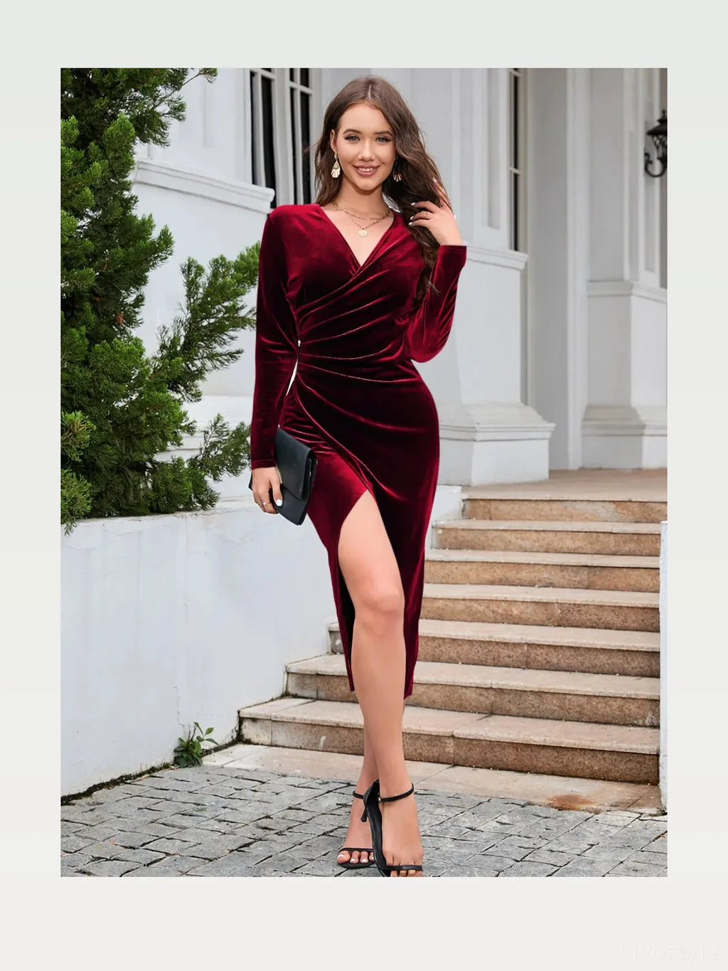 Ruched Slit Surplice Wrap Dress