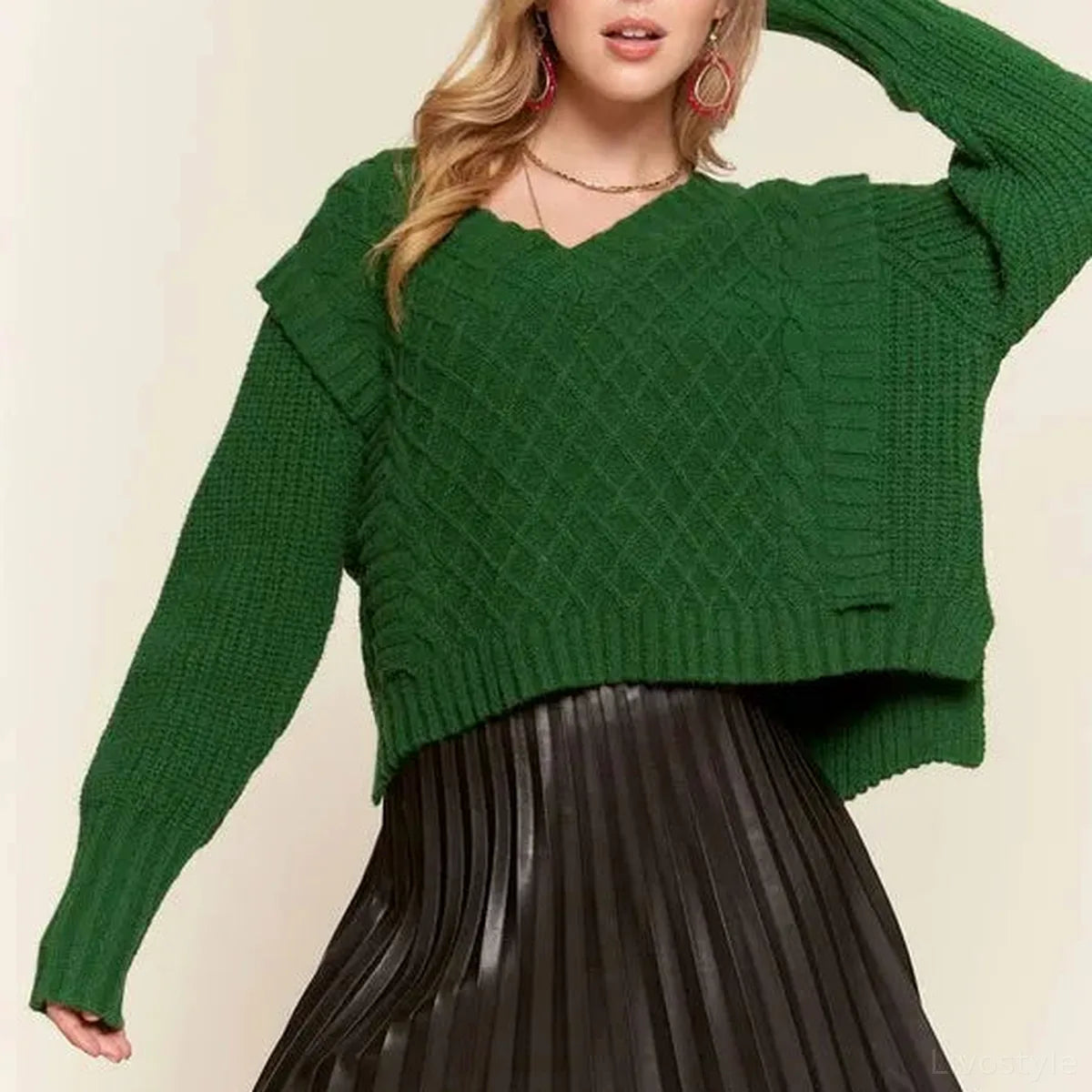 Ruffle Detail Cable Knit V-Neck Long Sleeve Sweater