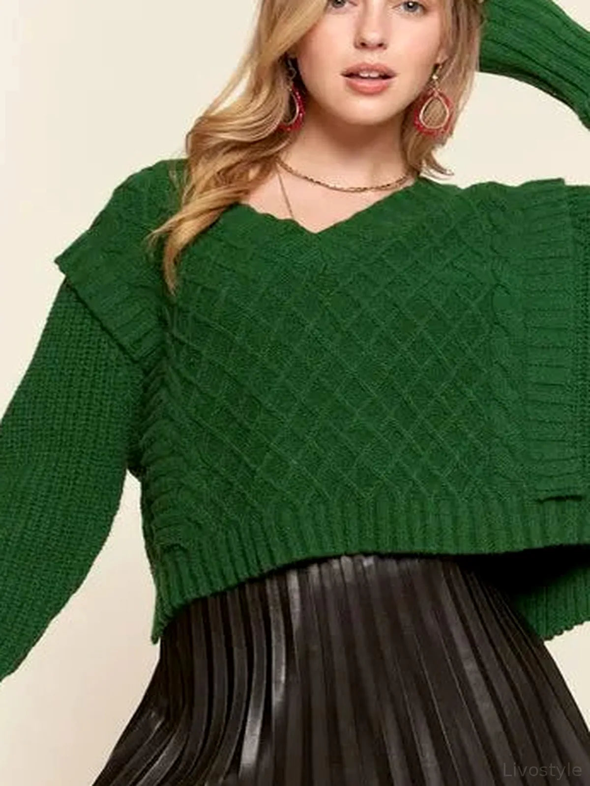 Ruffle Detail Cable Knit V-Neck Long Sleeve Sweater