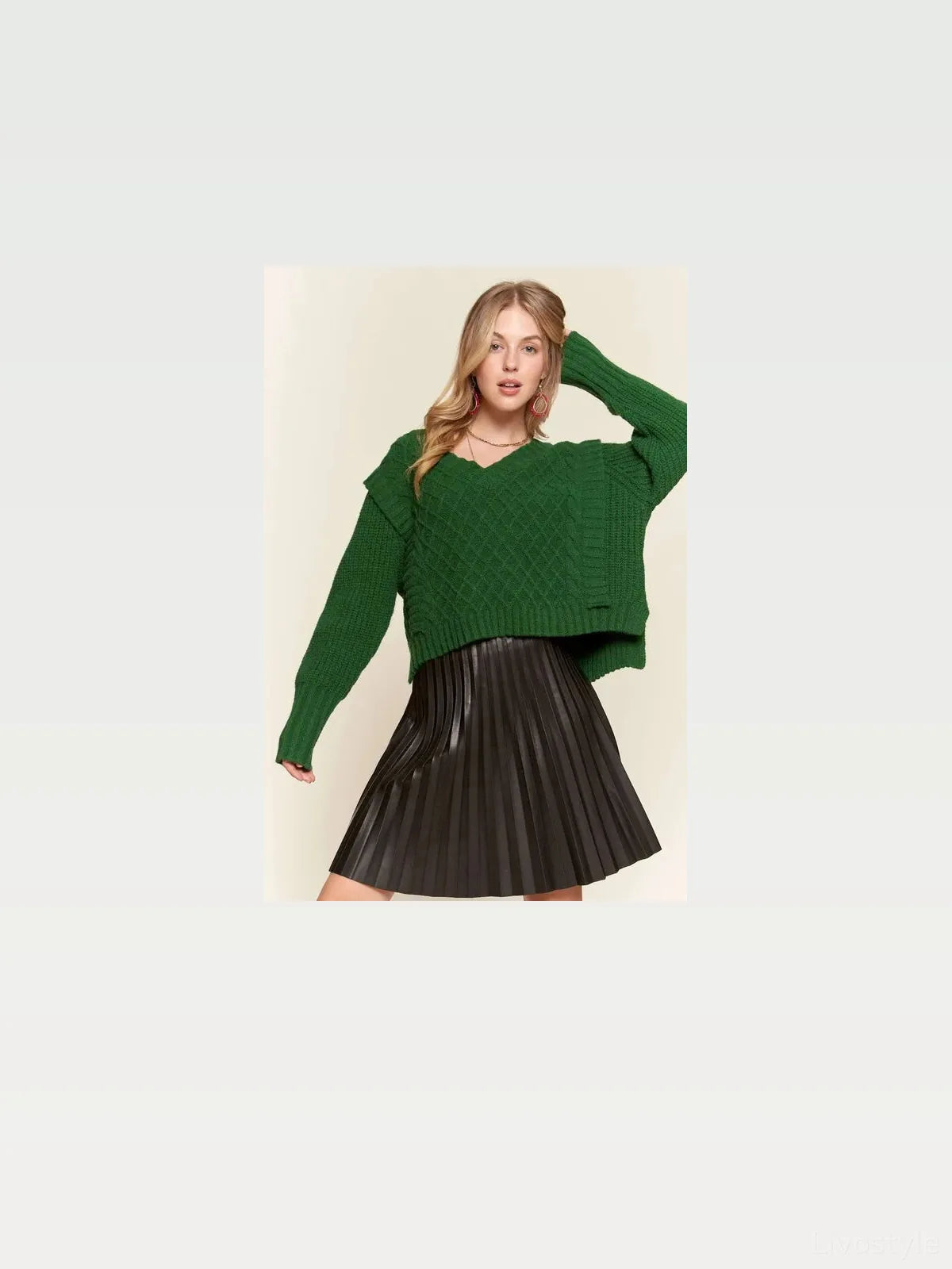 Ruffle Detail Cable Knit V-Neck Long Sleeve Sweater