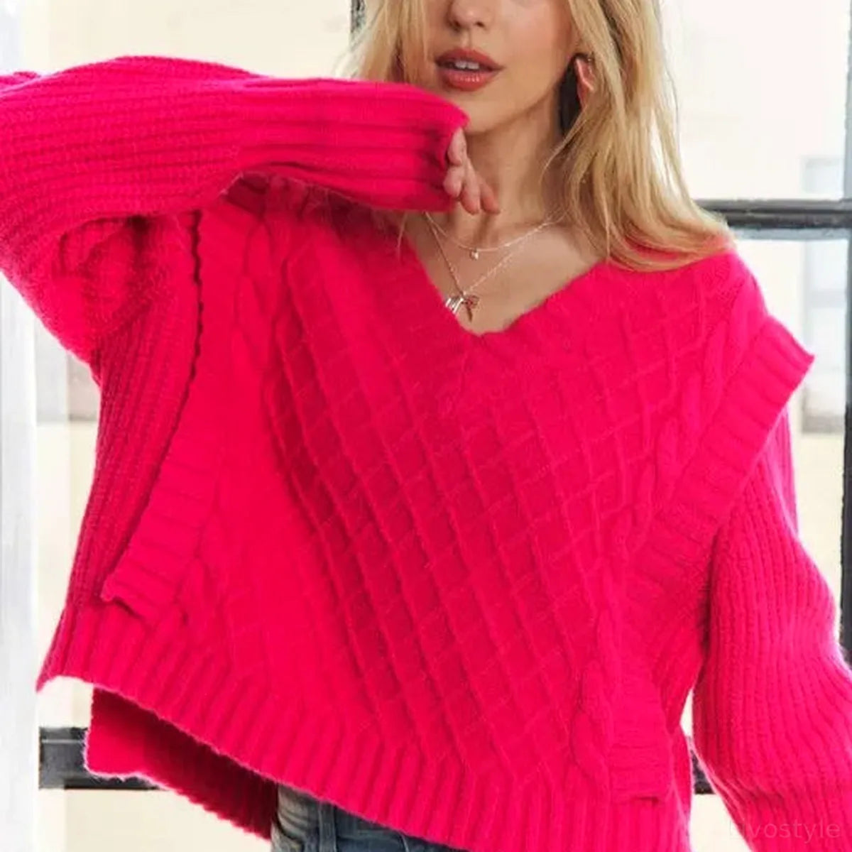 Ultra-Soft Cropped Cable Knit Sweater with Ruffle Detail and V-Neck