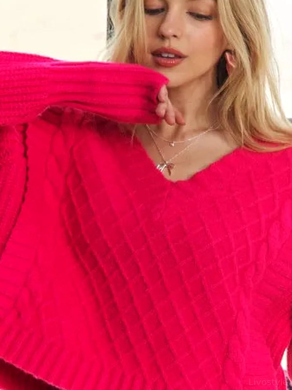 Ultra-Soft Cropped Cable Knit Sweater with Ruffle Detail and V-Neck