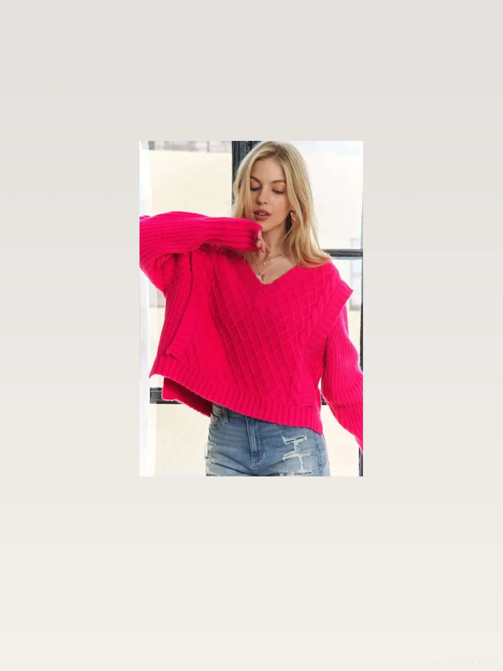 Ultra-Soft Cropped Cable Knit Sweater with Ruffle Detail and V-Neck