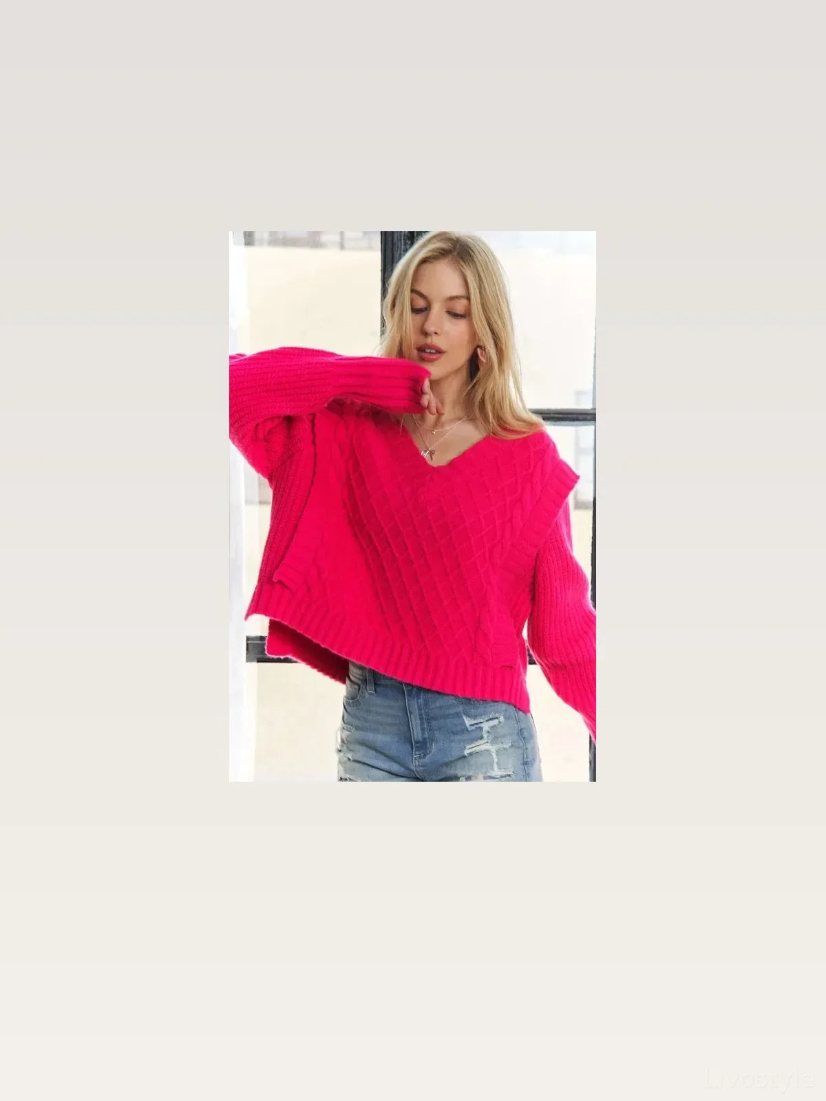 Ultra-Soft Cropped Cable Knit Sweater with Ruffle Detail and V-Neck