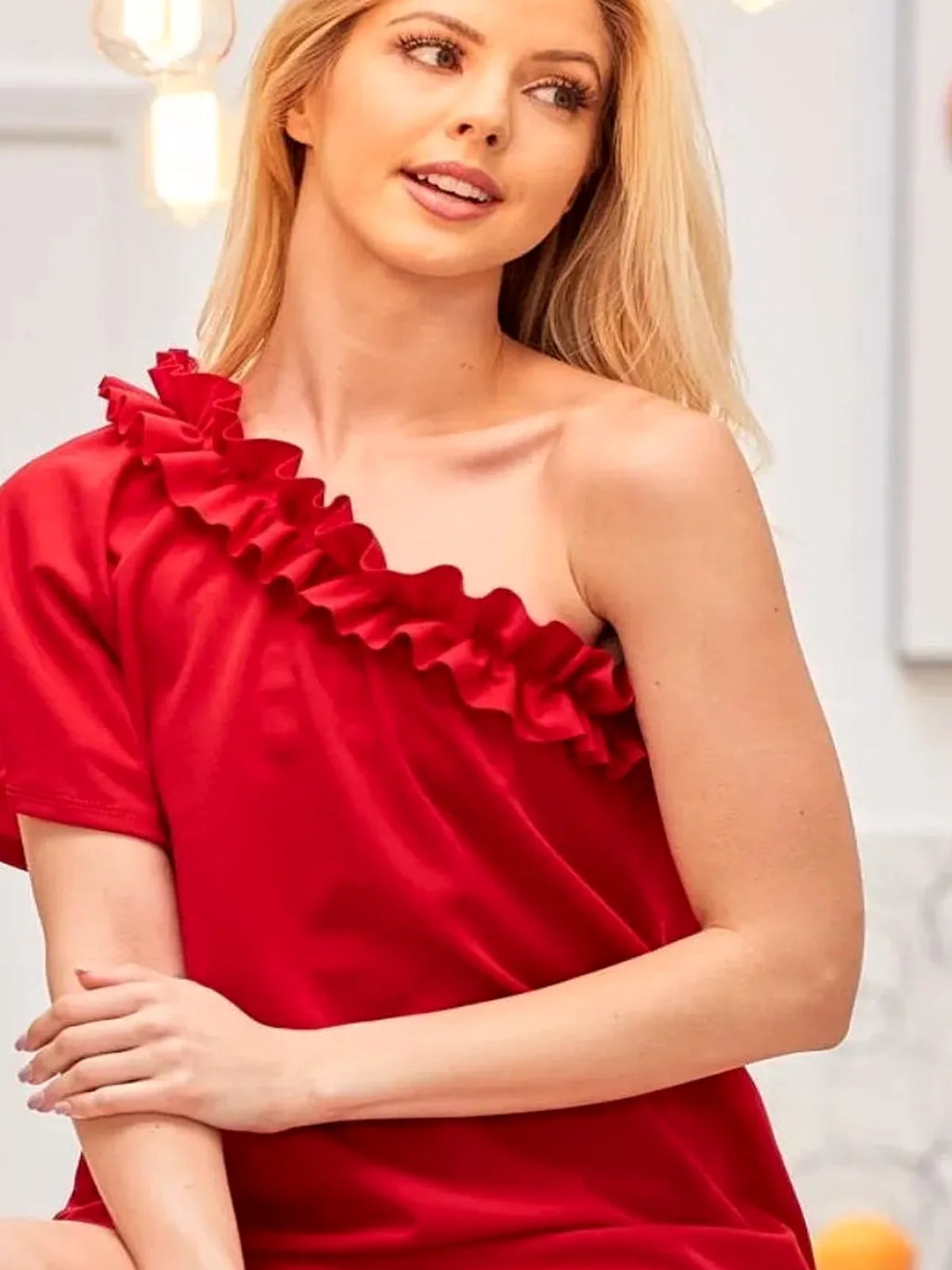 Asymmetrical One-Shoulder Ruffled Crepe Top