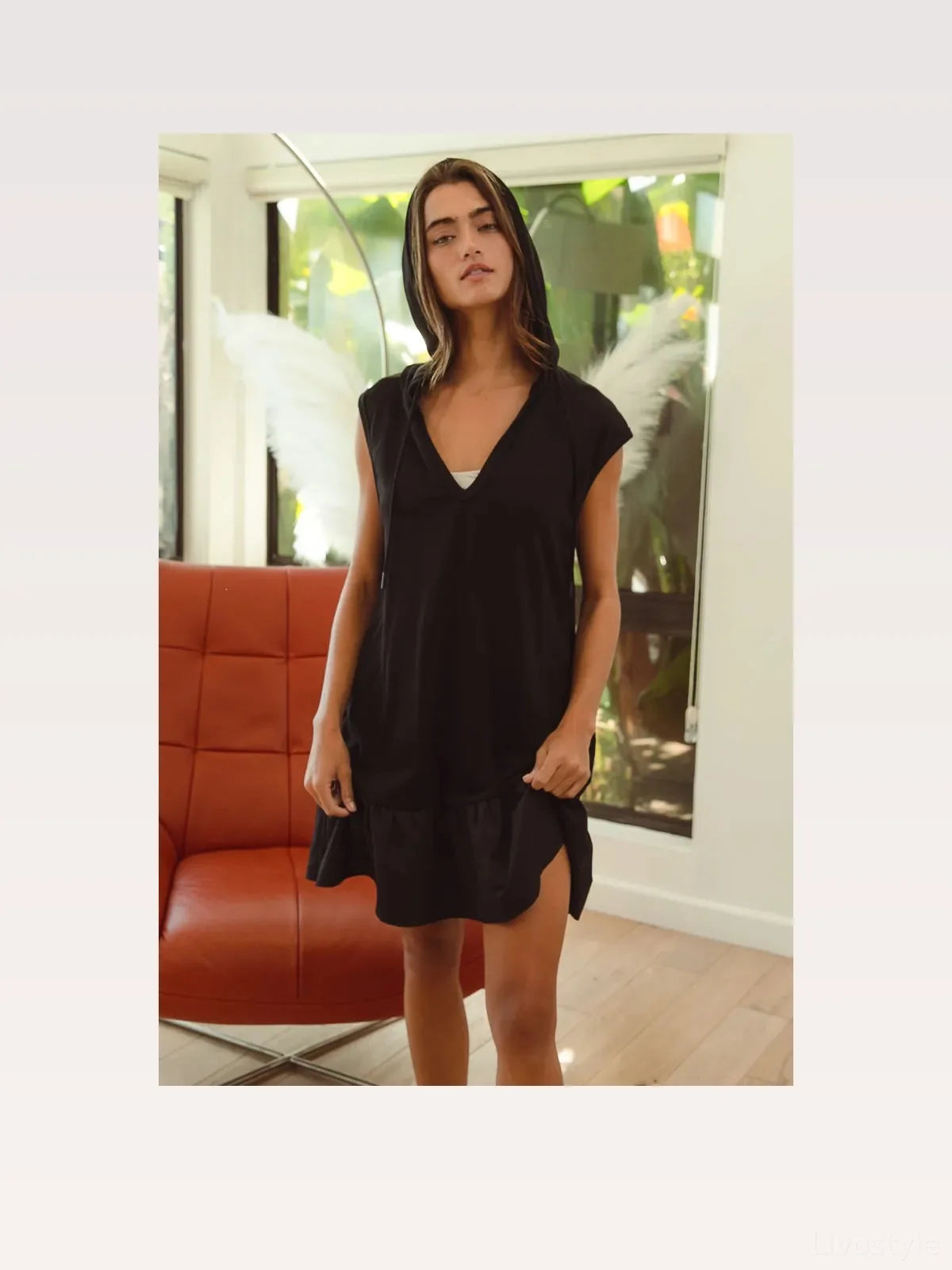 French Terry Look Hooded Mini Dress with Ruffle Hem