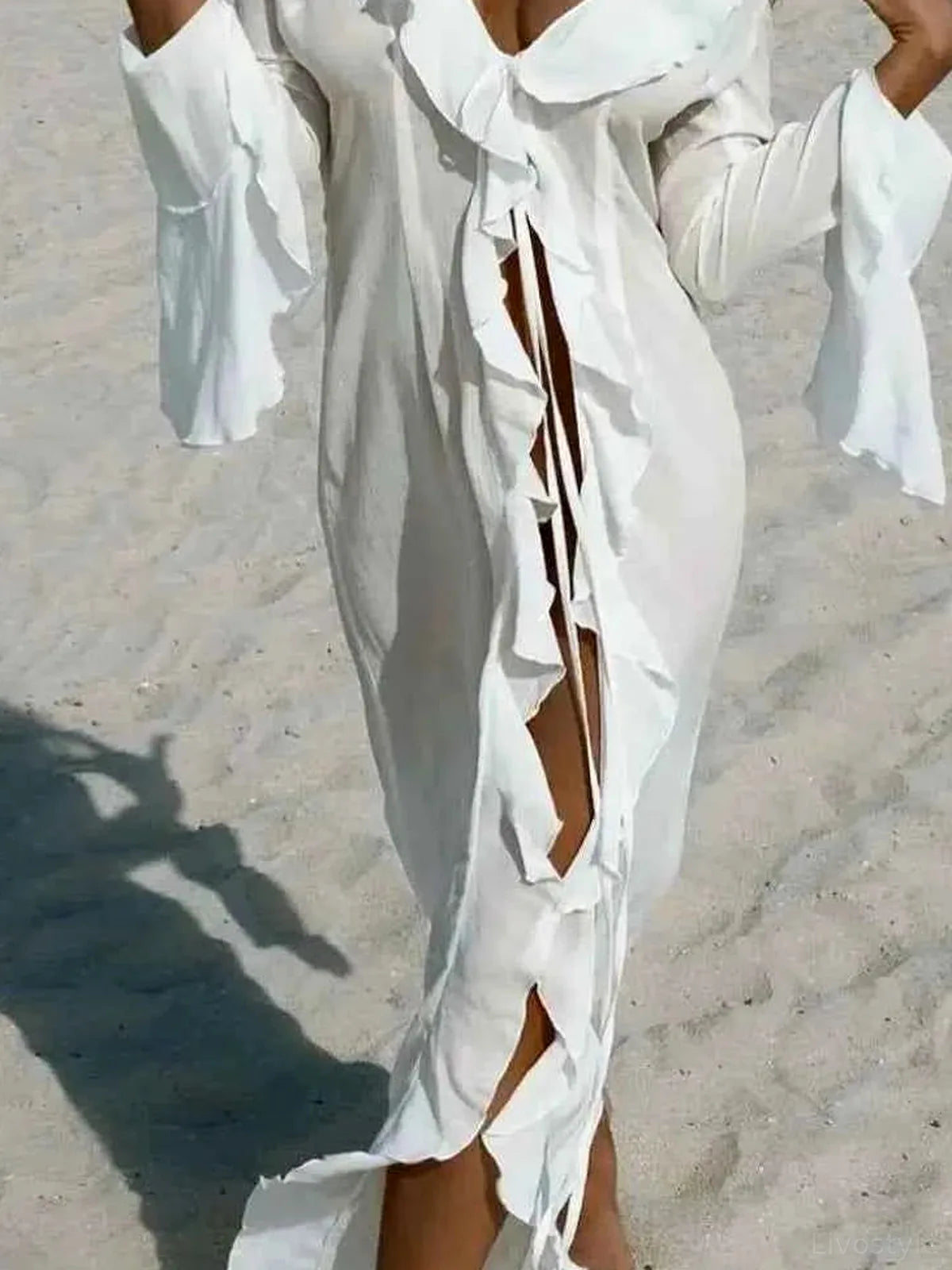 Ruffled Long Sleeve Cover-Up Dress