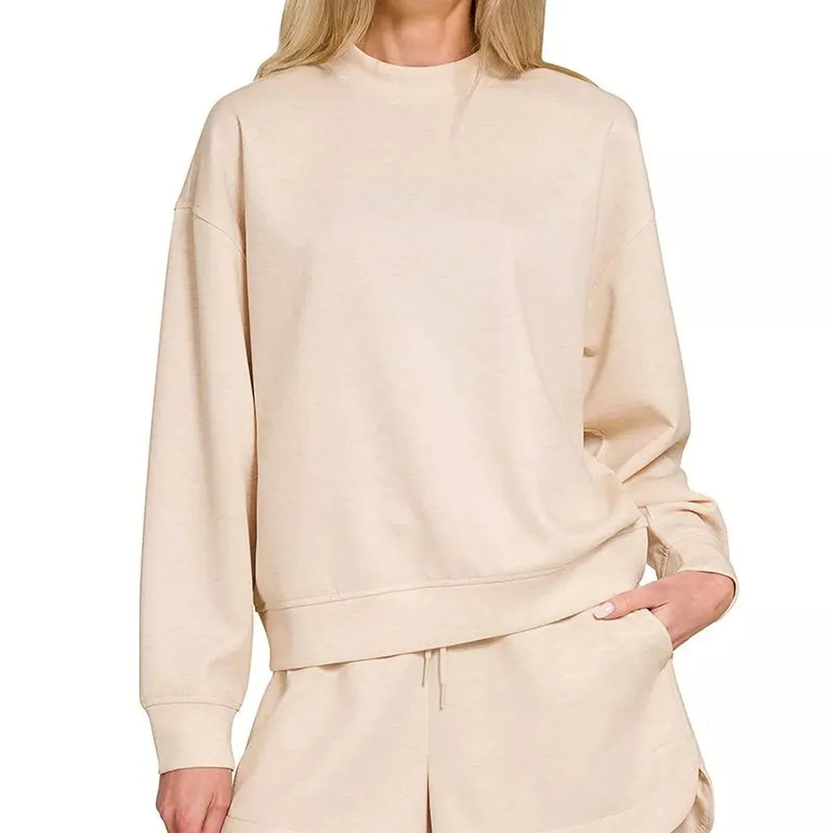 Heather Beige Scuba Long Sleeve Sweatshirt and Shorts Set