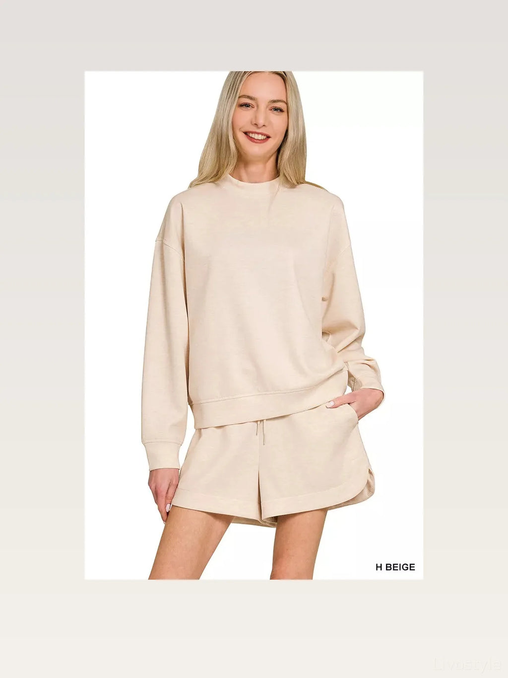 Heather Beige Scuba Long Sleeve Sweatshirt and Shorts Set
