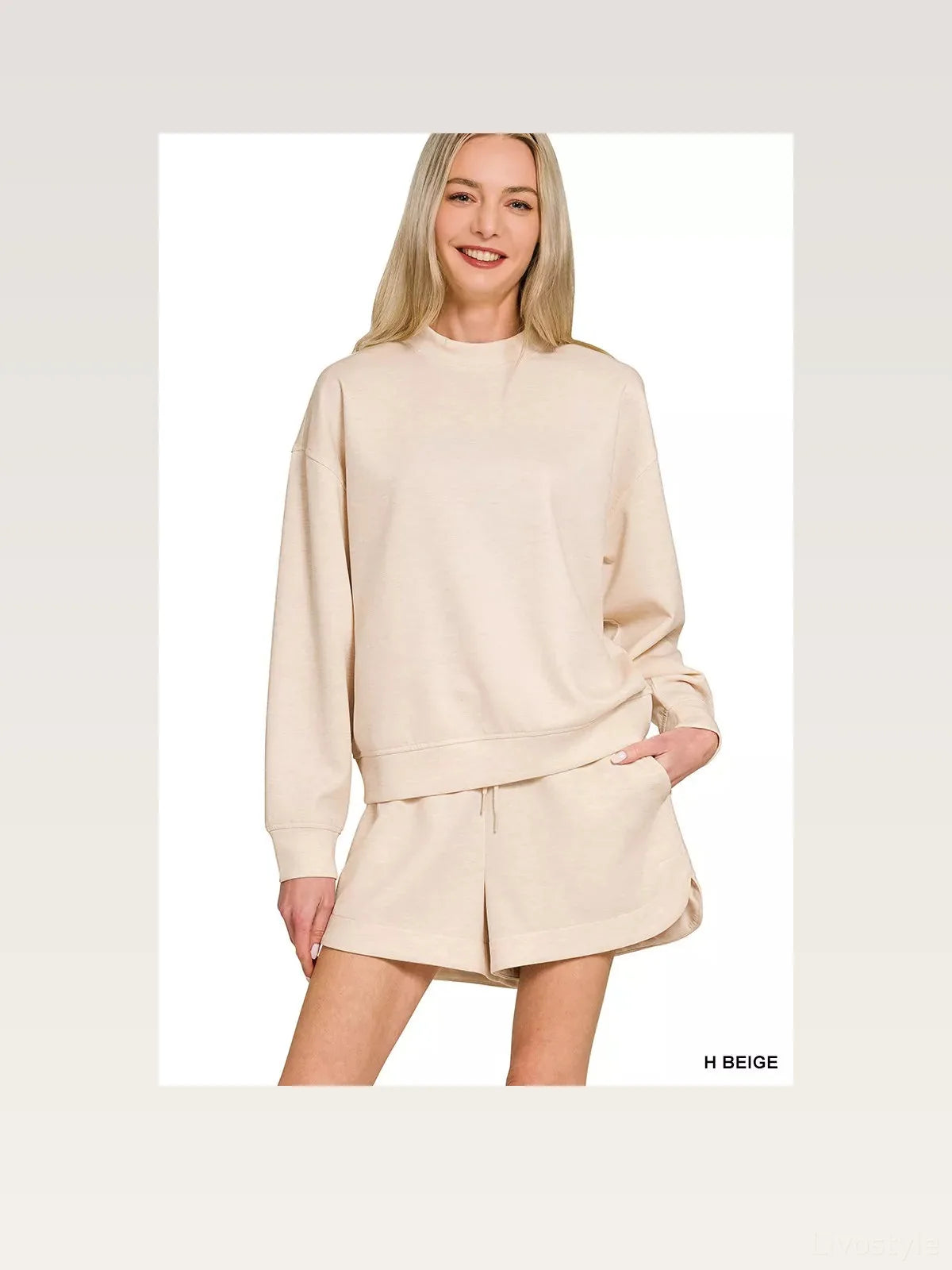 Heather Beige Scuba Long Sleeve Sweatshirt and Shorts Set