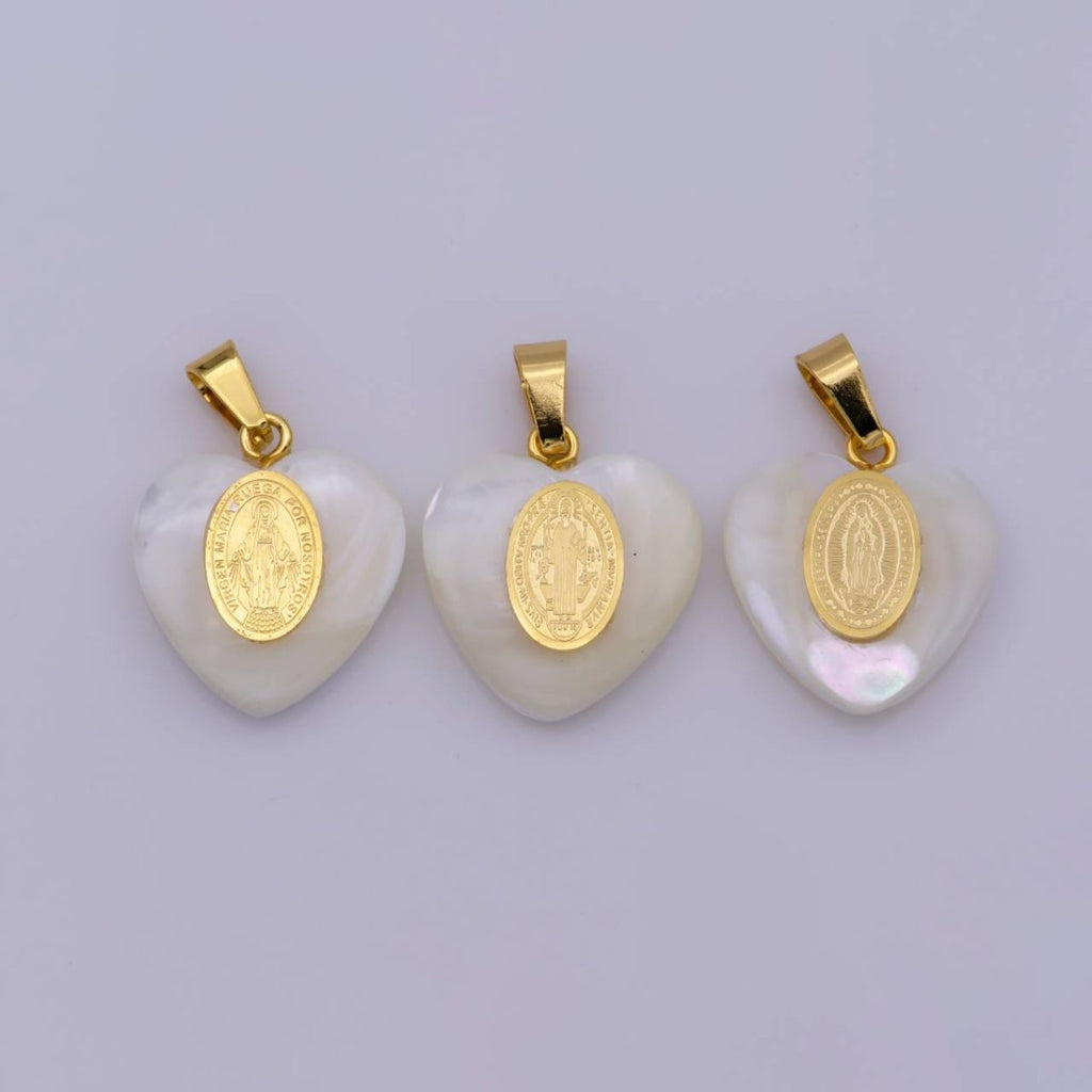 Shell Pearl Our Lady of Guadalupe, Virgin Mary Pendant, Saint Benedict Charm in Heart Pearl Charm for Necklace Making J-522 J-524 J-525