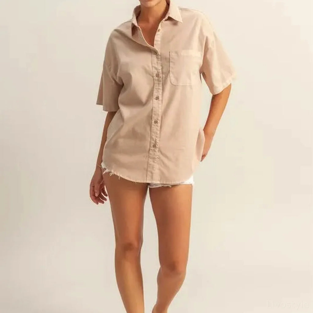 Oversized Short Sleeve Button-Down Shirt with Pocket