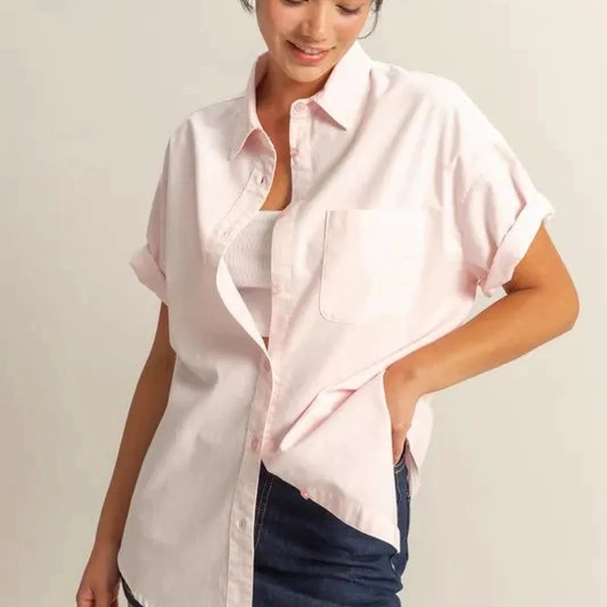 Oversized Short Sleeve Button-Down Shirt in a Cotton Blend