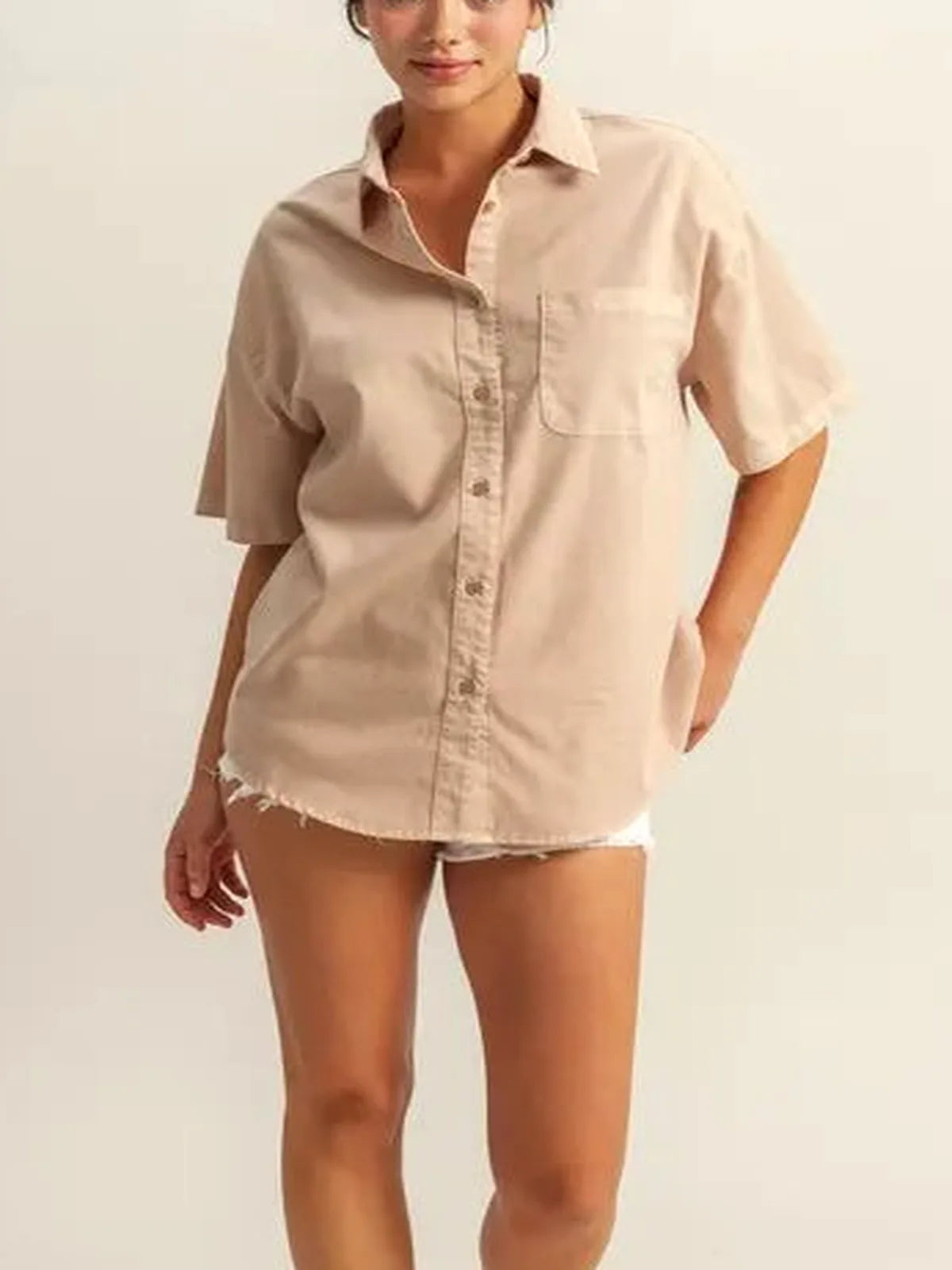 Oversized Short Sleeve Button-Down Shirt with Pocket