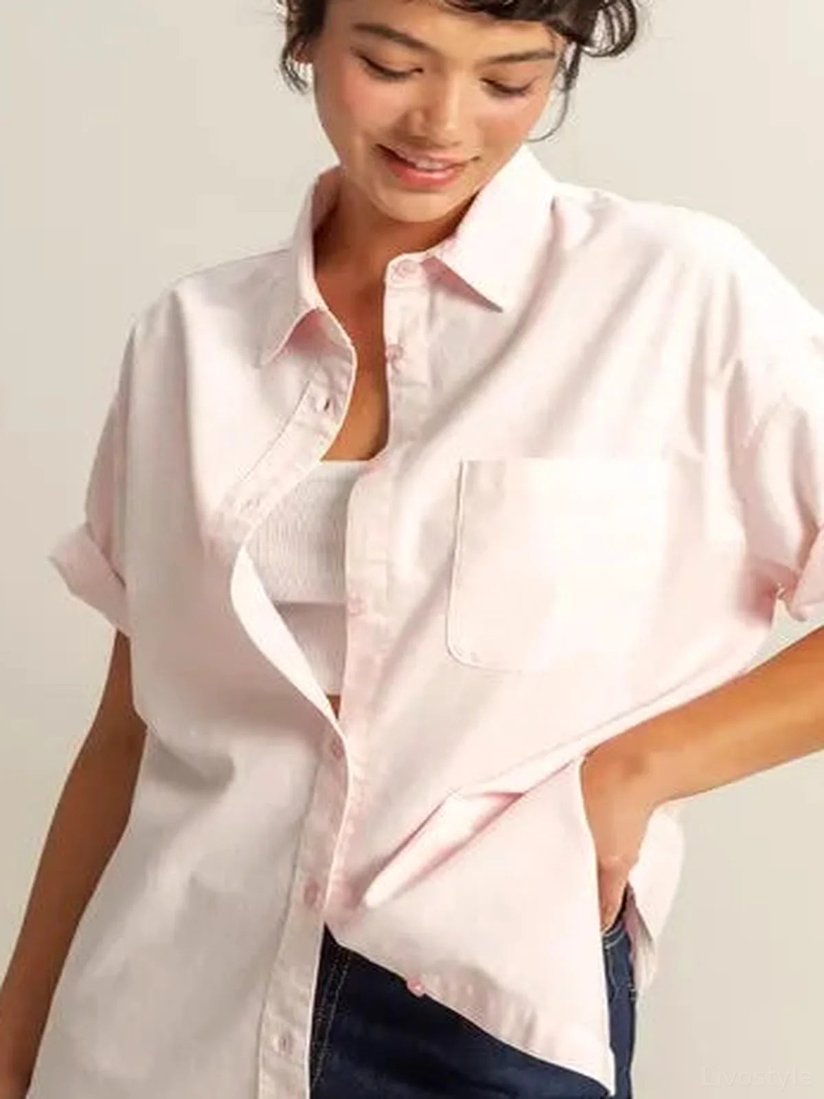 Oversized Short Sleeve Button-Down Shirt in a Cotton Blend