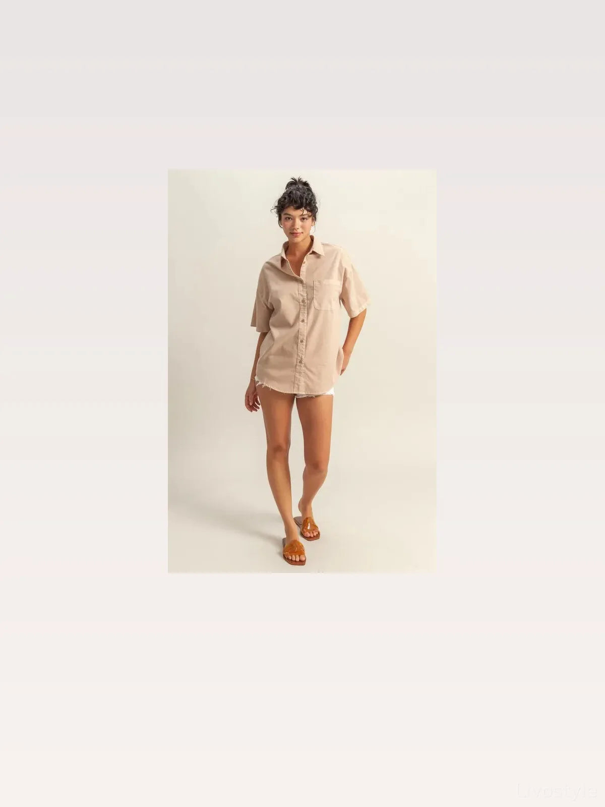 Oversized Short Sleeve Button-Down Shirt with Pocket