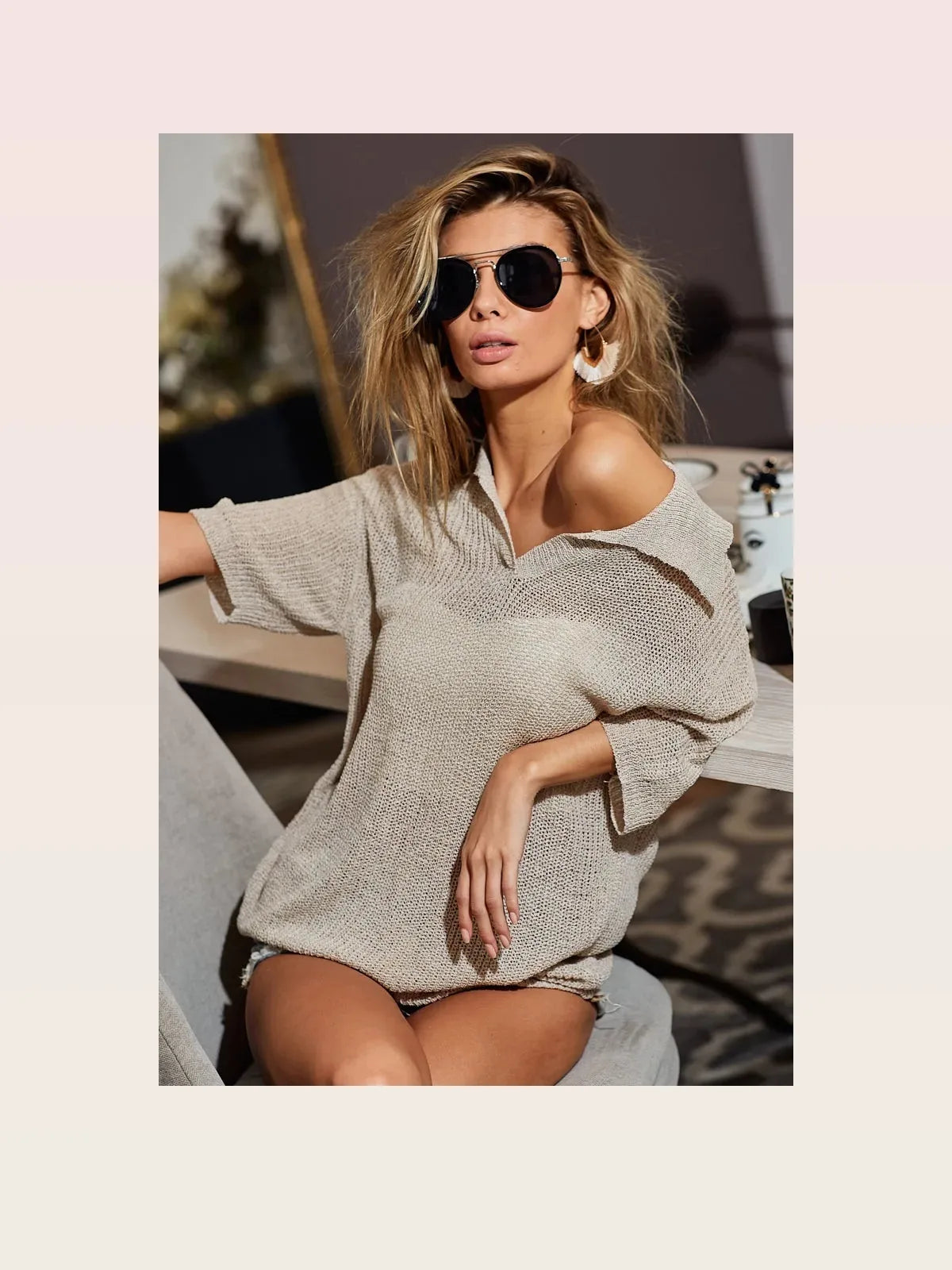 Collared Short Sleeve Knit Top with Polo Neckline