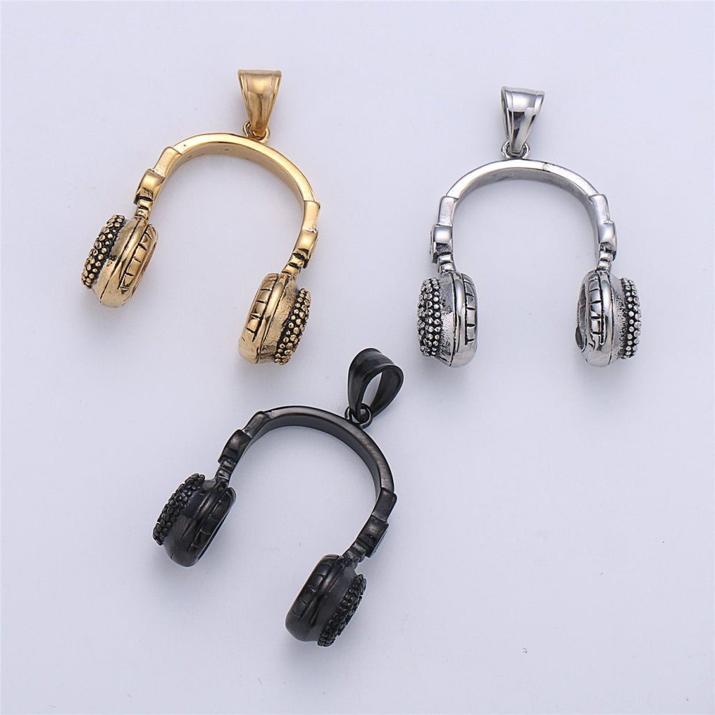 Silver Headphone Pendant, Black Headset Charm, Gold DJ Charm, Music Charms, Gold Beats Pendant Hip Hop Pendant Men Jewelry J-678~J-680
