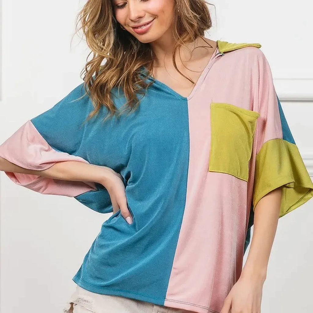 Slinky Knit Color Block V-Neck Top