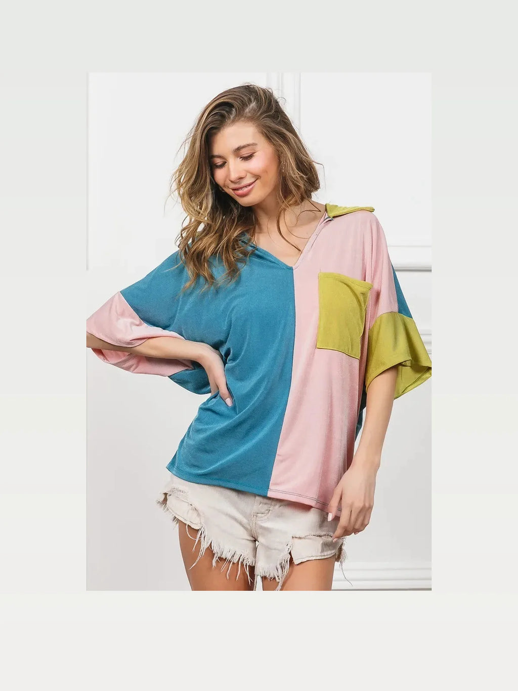 Slinky Knit Color Block V-Neck Top