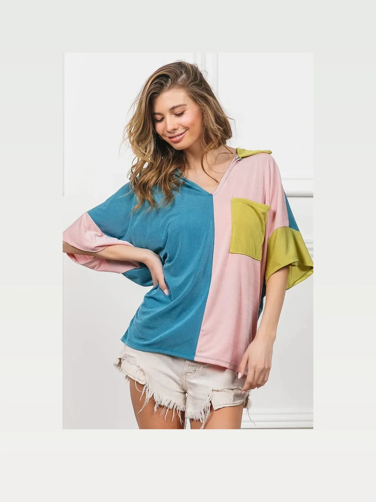 Slinky Knit Color Block V-Neck Top
