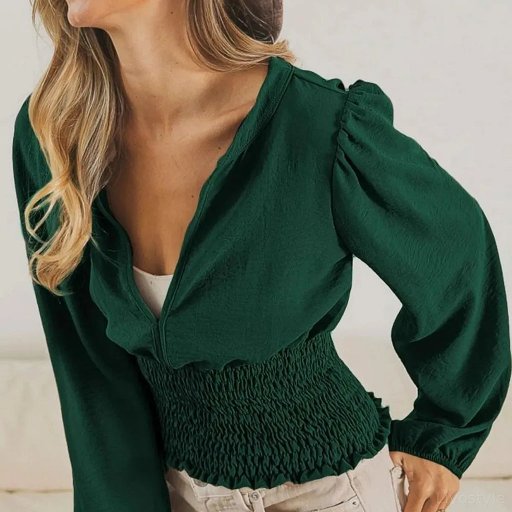 Deep V-Neck Long Sleeve Top with Smocked Waist and Puff Sleeves