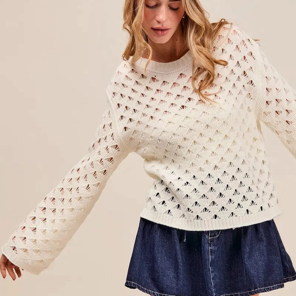 Geometric Pattern Open Knit Lightweight Sweater