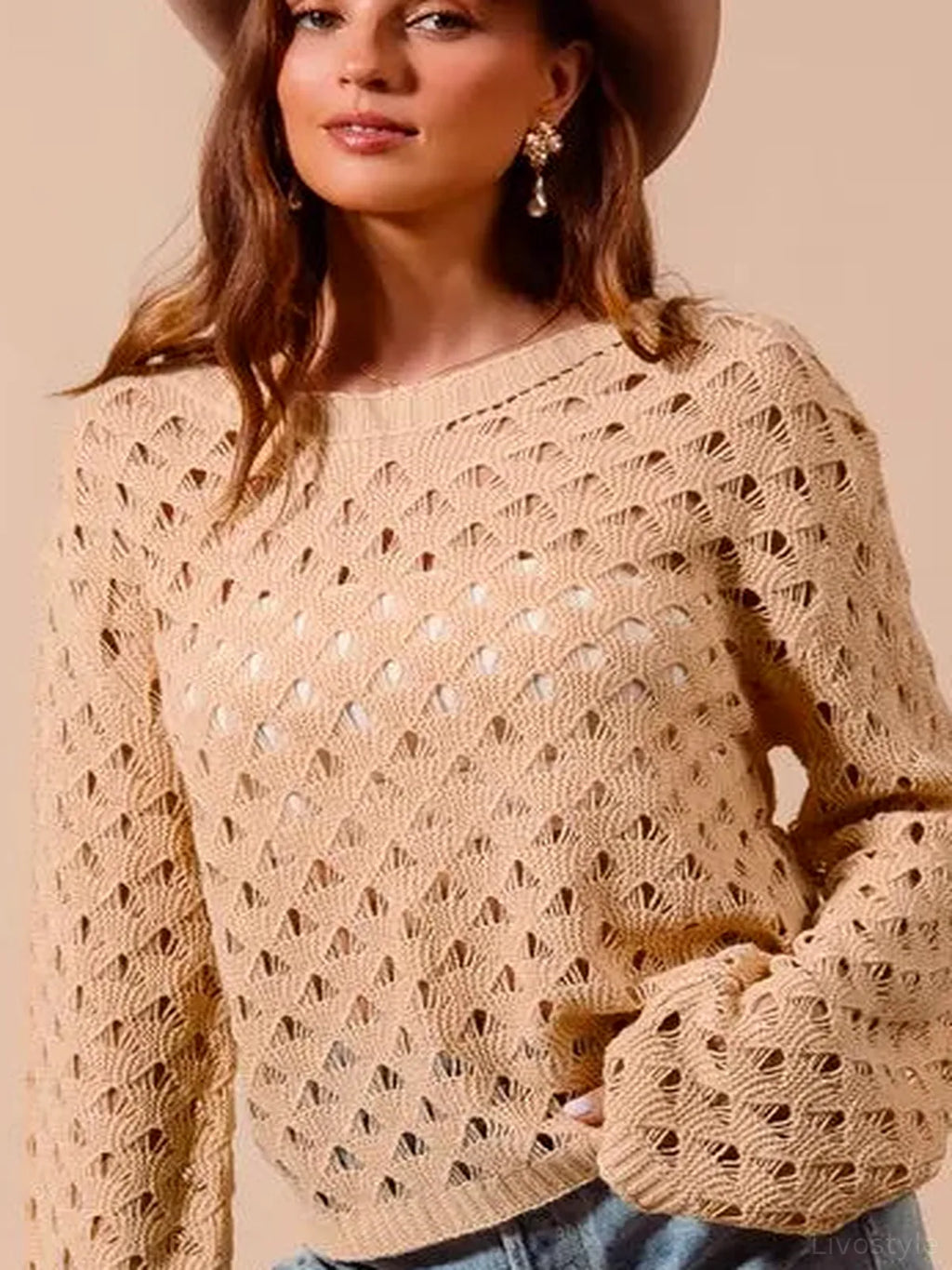Geometric Pattern Open Knit Lightweight Sweater