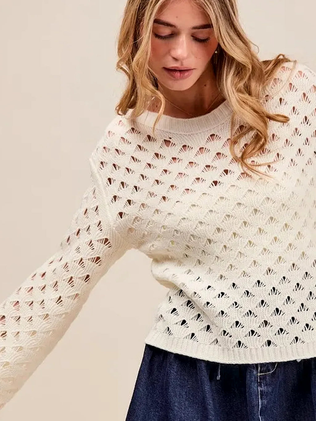 Geometric Pattern Open Knit Lightweight Sweater