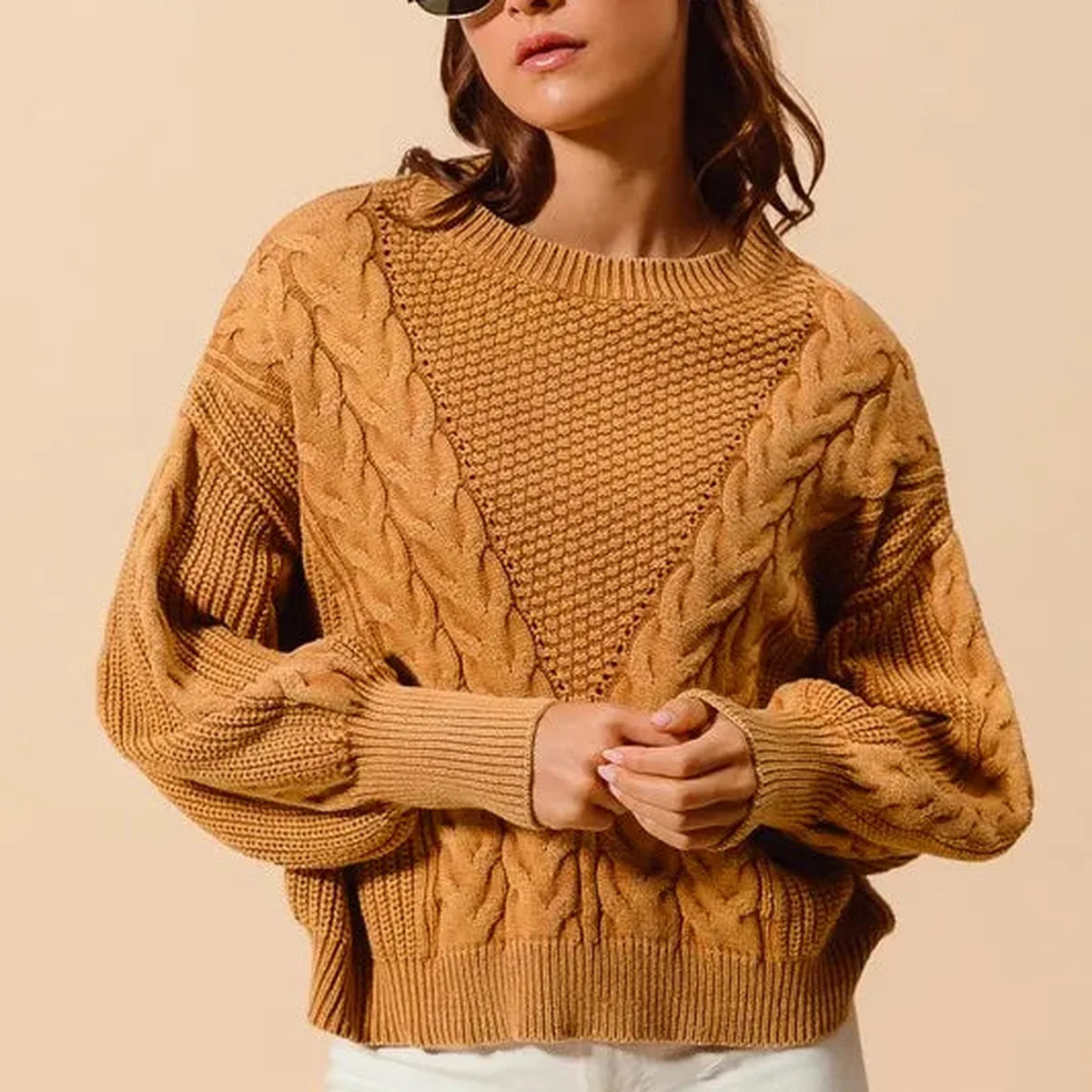 Mineral Washed Loose Fit Cable Knit Sweater with Round Neck