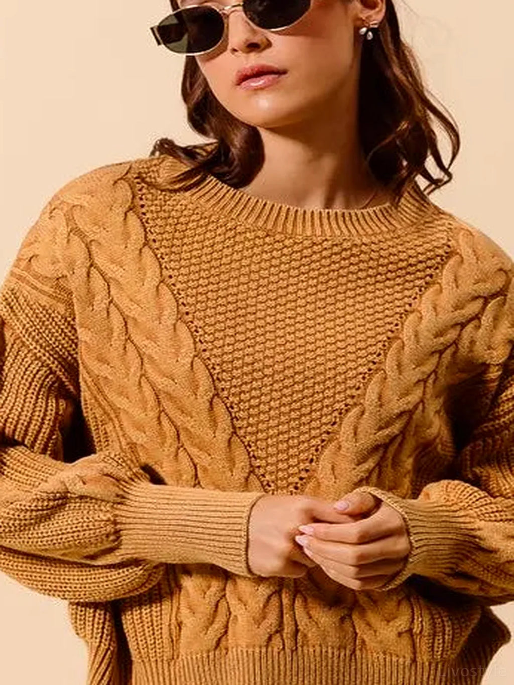 Mineral Washed Loose Fit Cable Knit Sweater with Round Neck