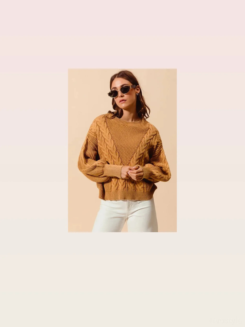 Mineral Washed Loose Fit Cable Knit Sweater with Round Neck