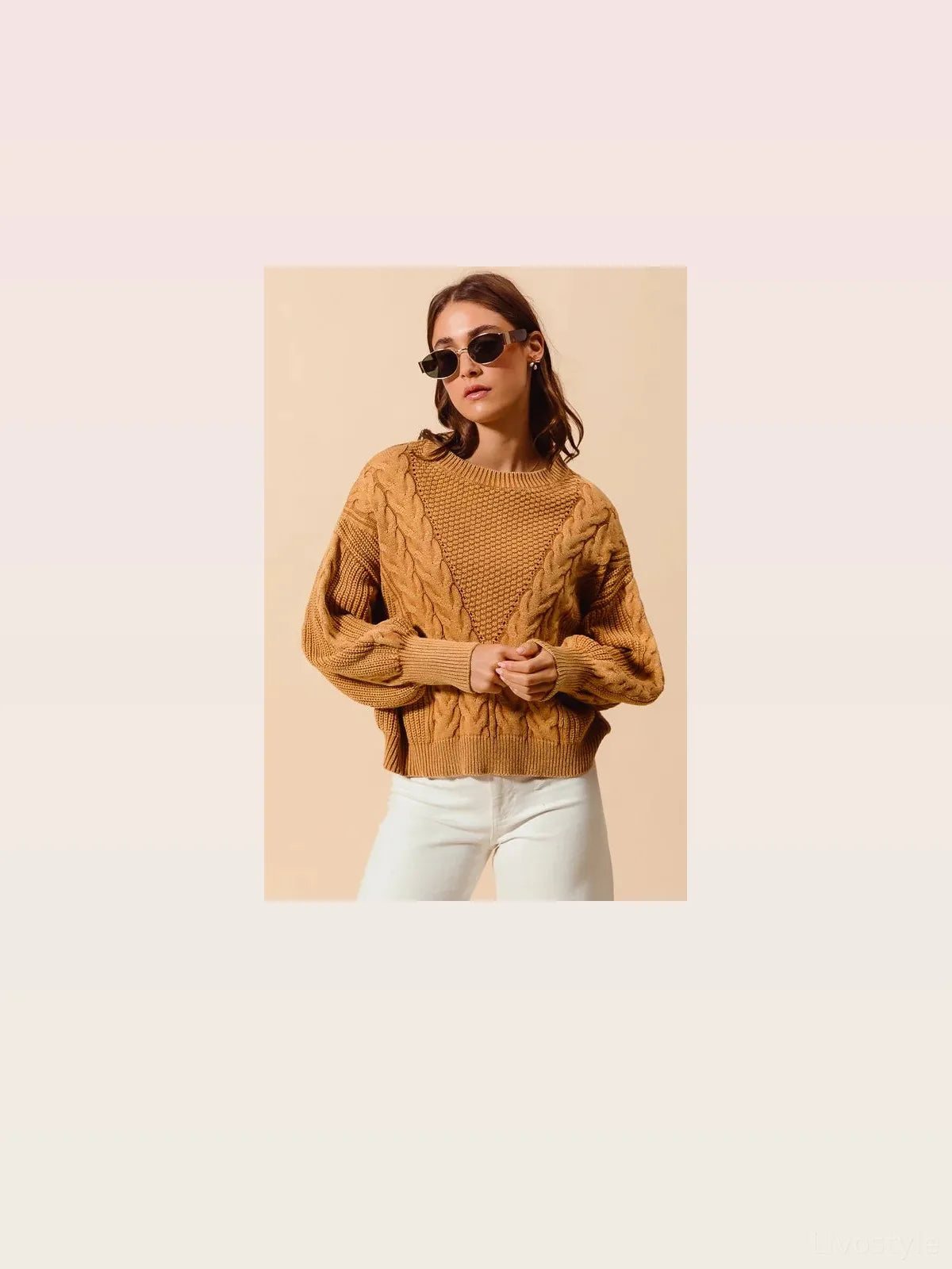Mineral Washed Loose Fit Cable Knit Sweater with Round Neck