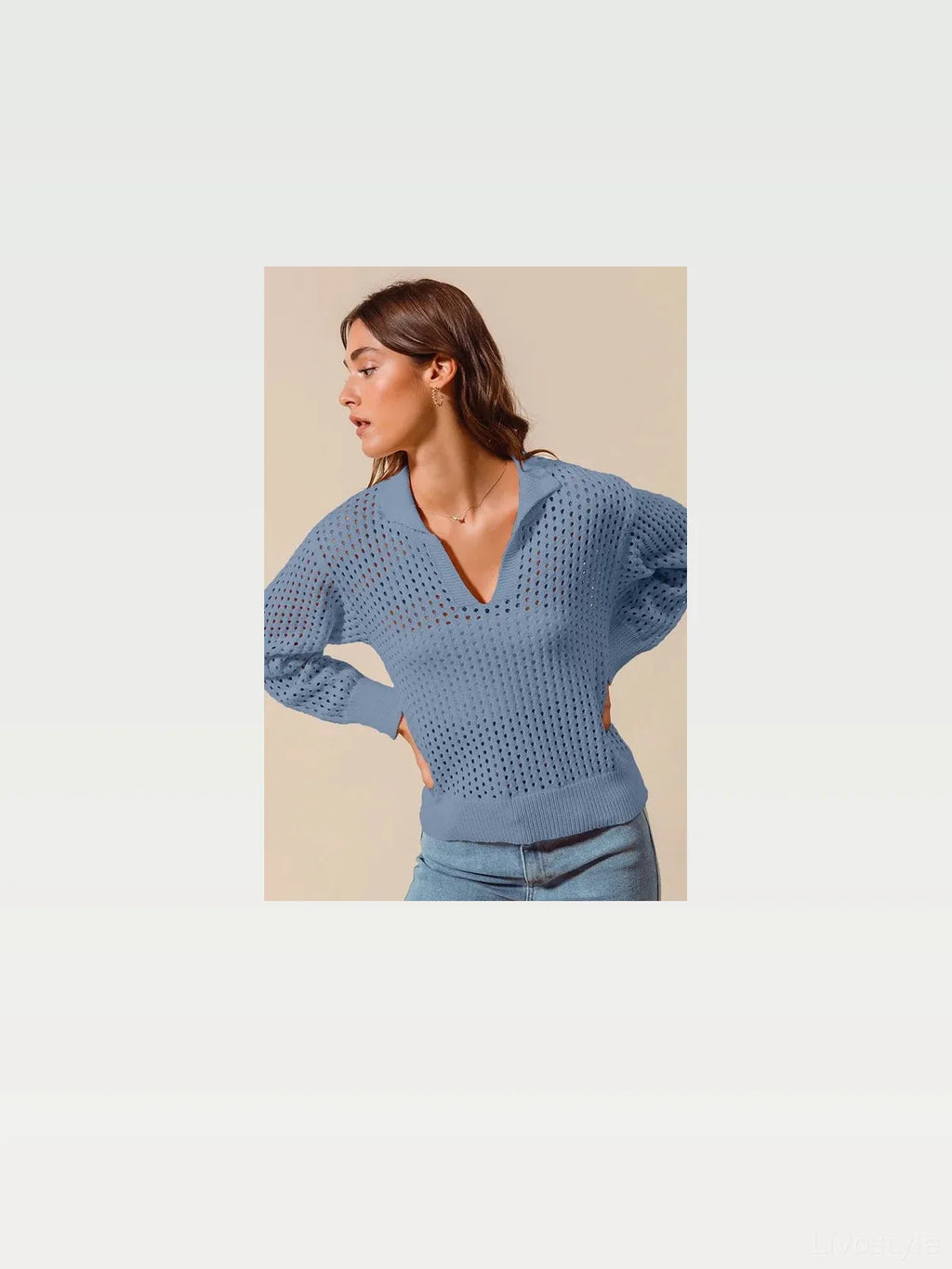 Open Knit Polo Collar Sweater with V-Neck and Long Sleeves
