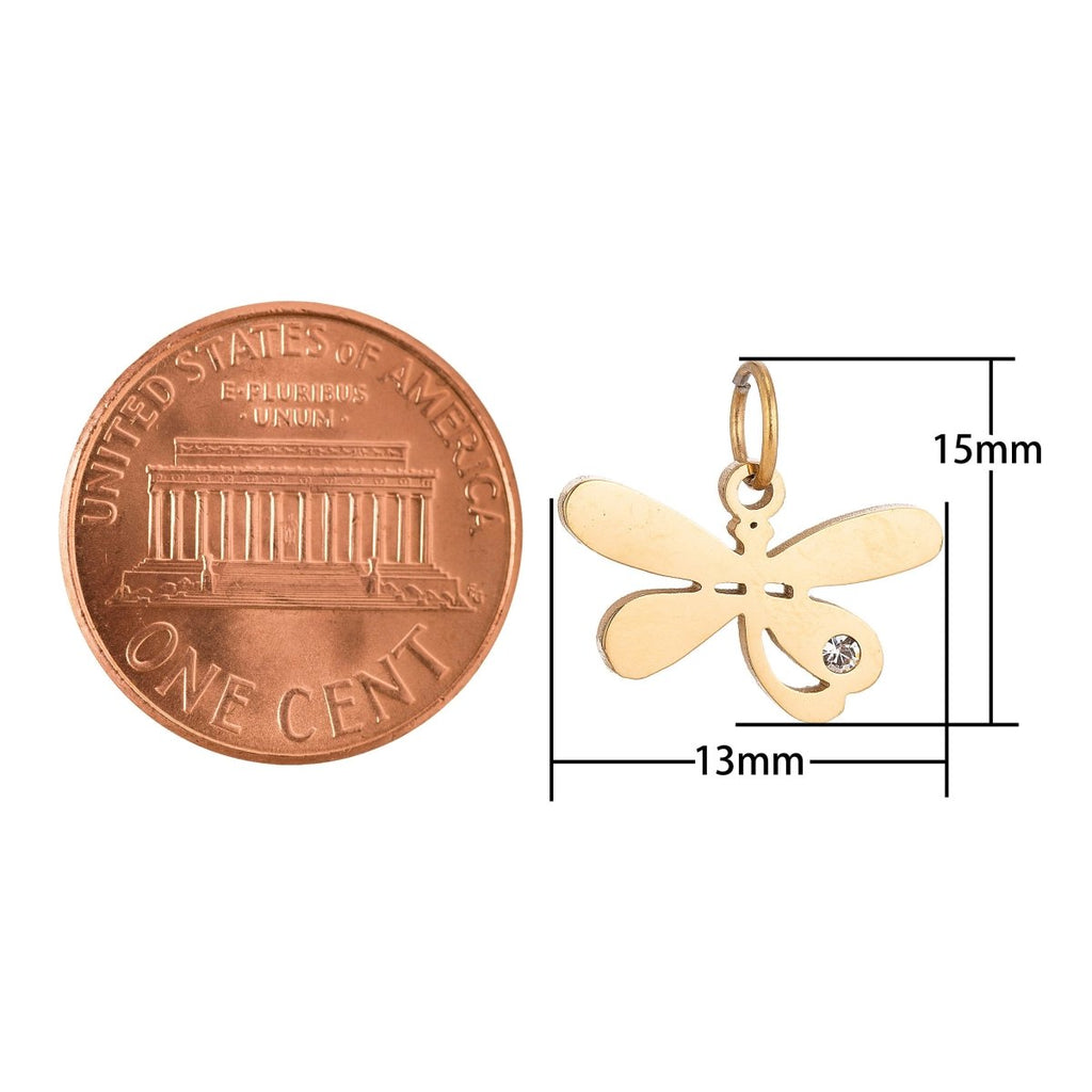 Stainless Steel Gold Lovely Charming Dragonfly Cubic Zirconia Bracelet Charm Necklace Pendant Findings for Jewelry Making E-638