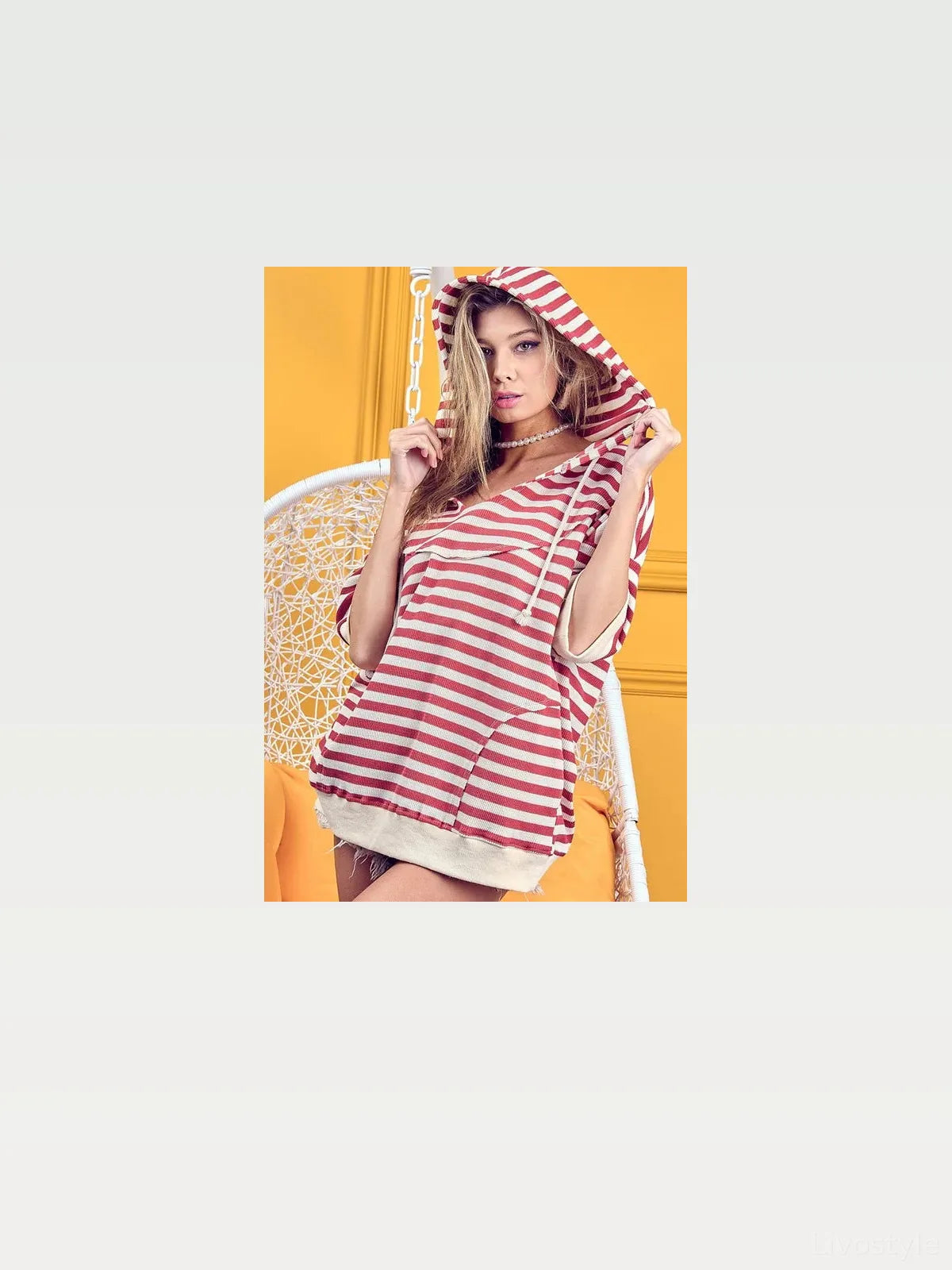 Stripe Fleece Short Sleeve Hoodie with Notch Neck