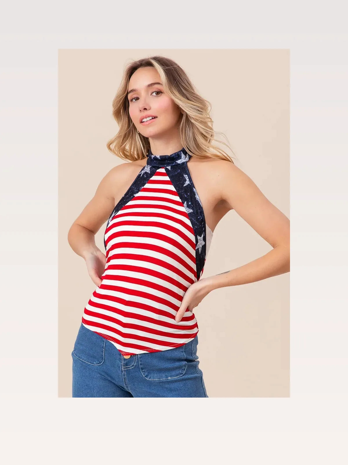 Star Motif Striped Cotton Halter Top with Tie Back