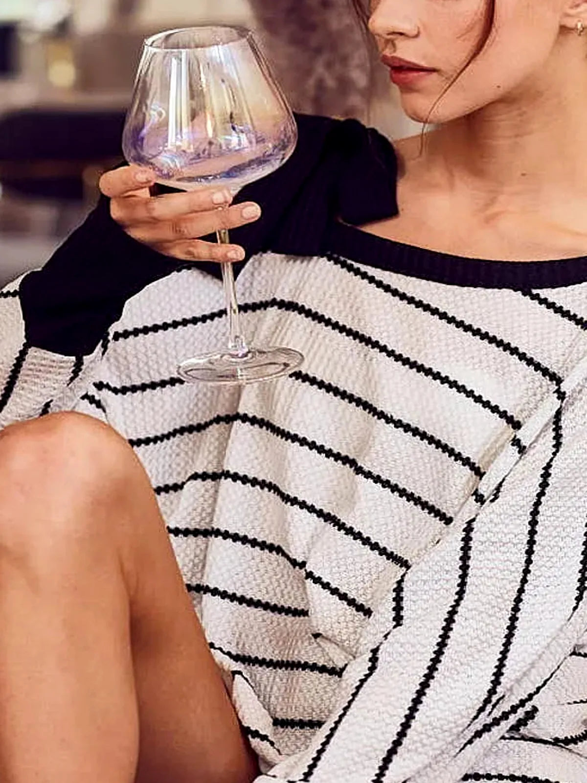 One-Shoulder Waffle Stripe Top with Ribbon Detail