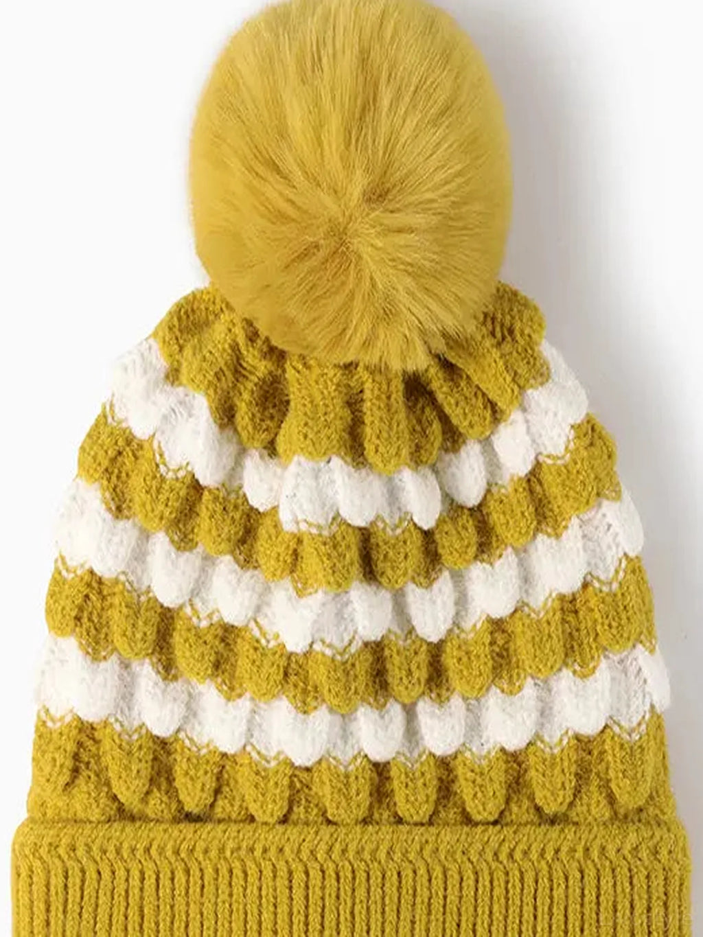 Striped Contrast Knit Beanie with Pom-pom