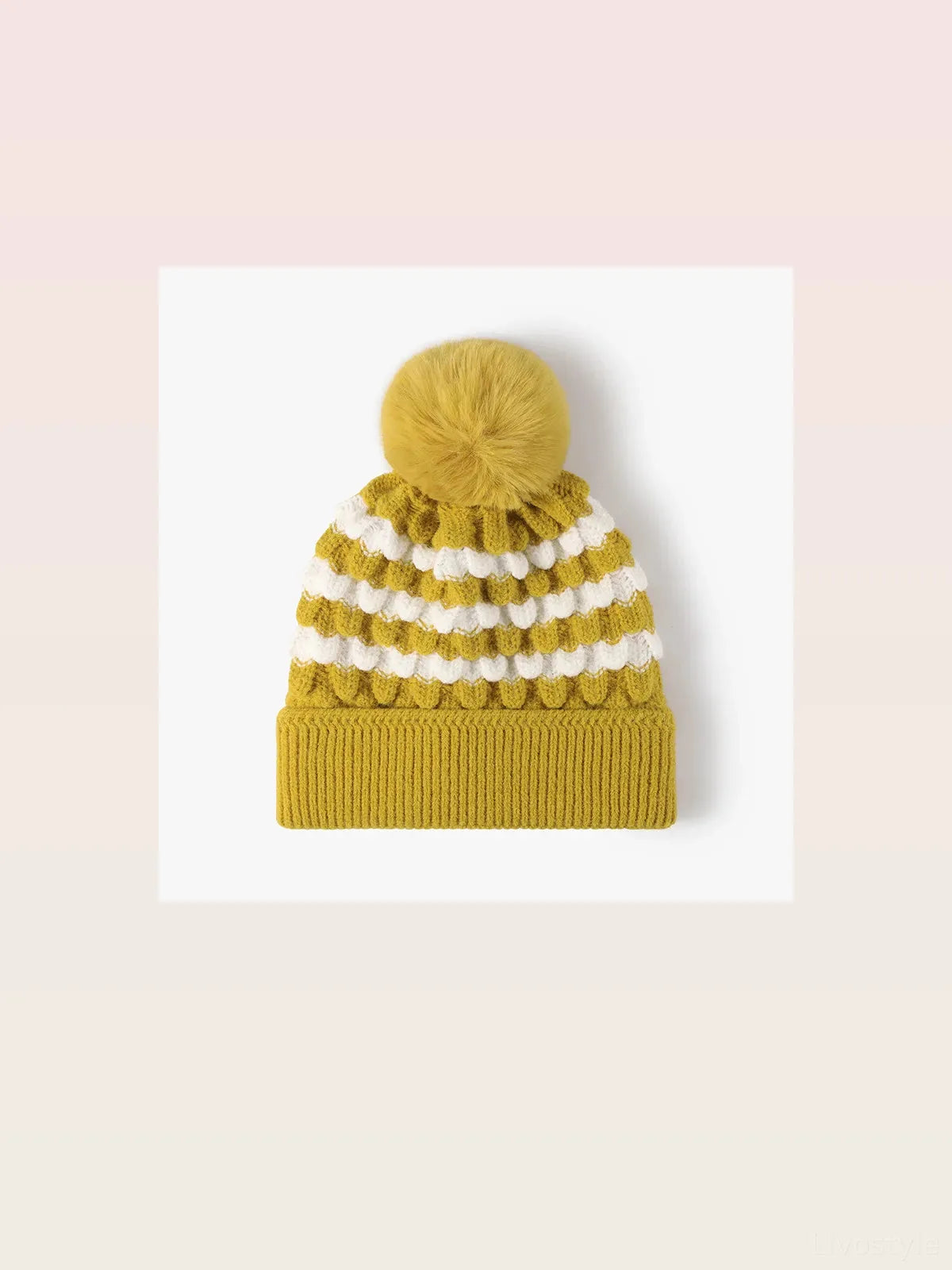 Striped Contrast Knit Beanie with Pom-pom