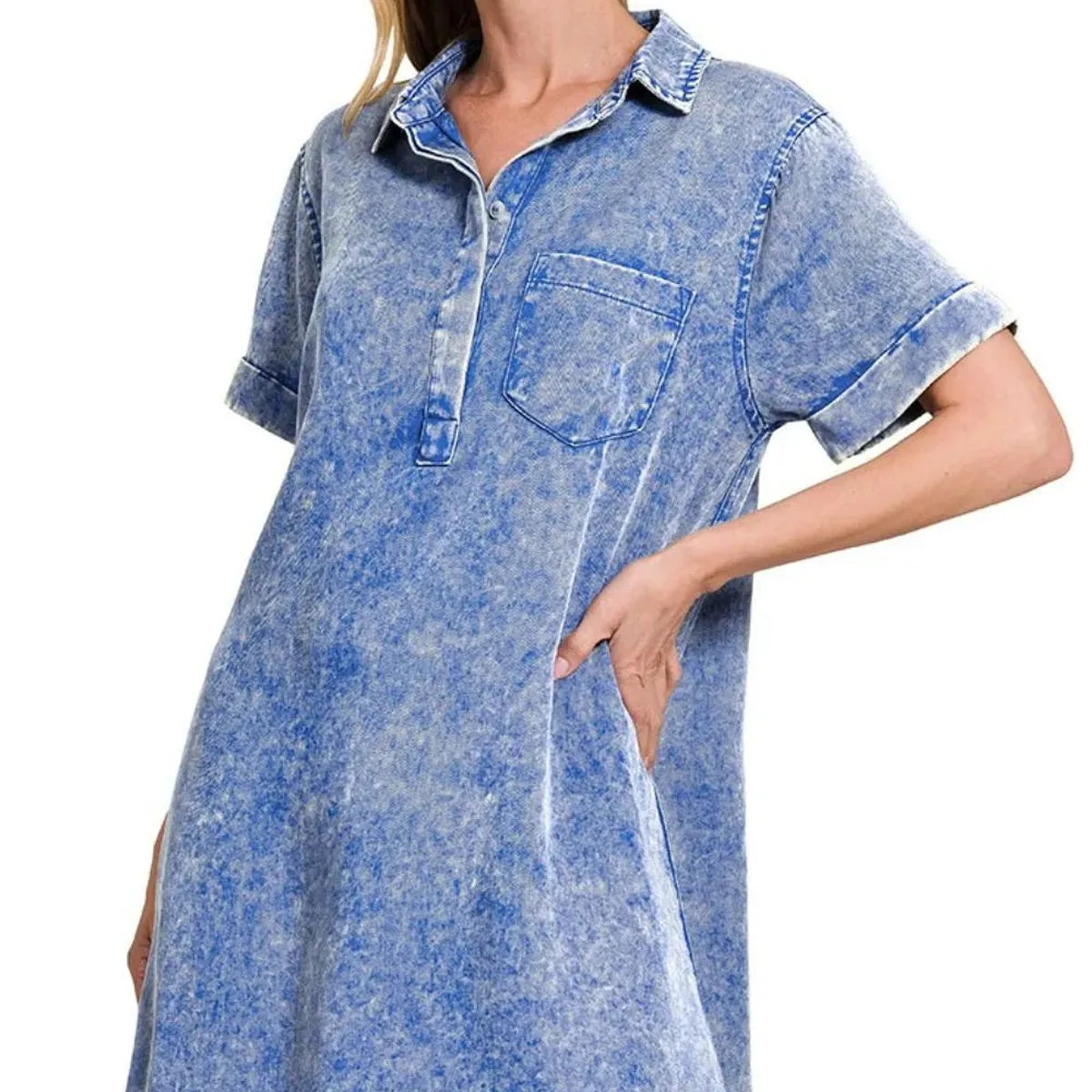 Tencel Mineral Washed Collared Shirt Dress with Pockets