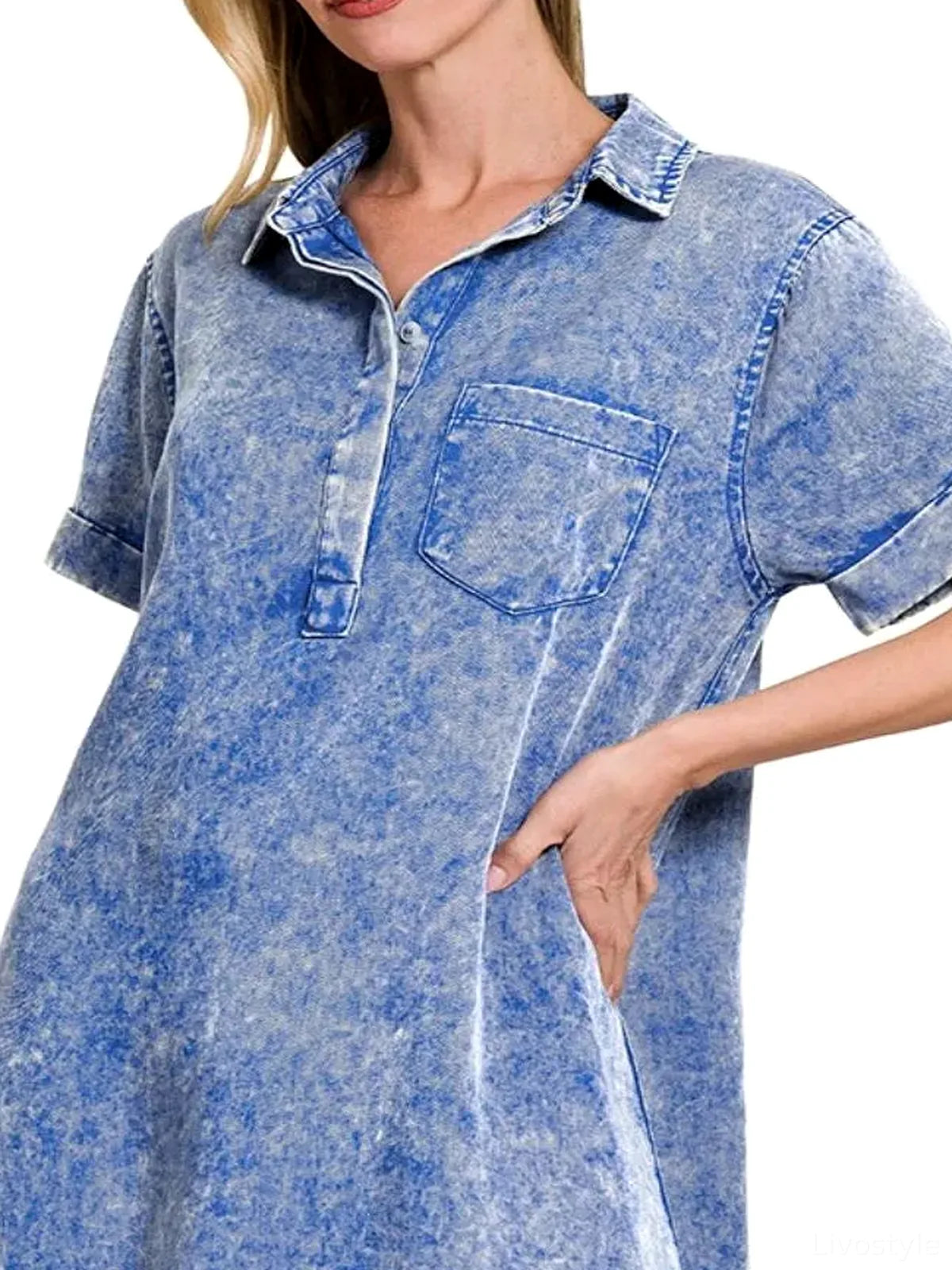 Tencel Mineral Washed Collared Shirt Dress with Pockets