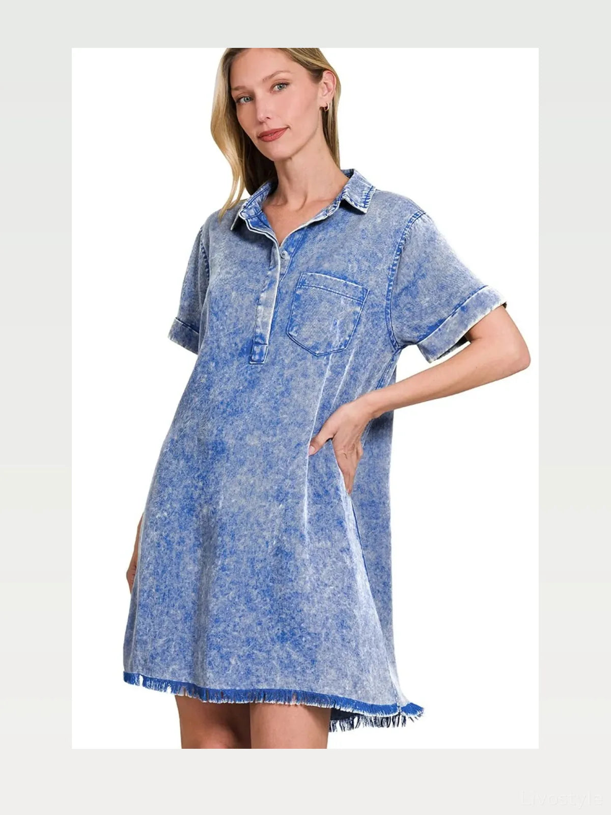 Tencel Mineral Washed Collared Shirt Dress with Pockets
