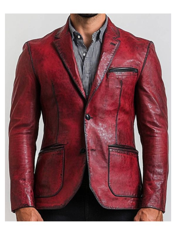 Theo Men's Red Leather Blazer with Chest Pocket