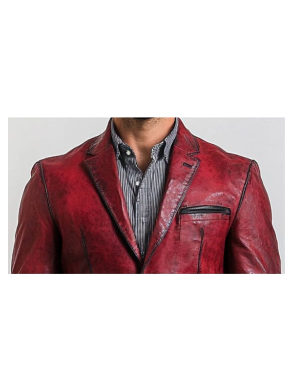 Theo Men's Red Leather Blazer with Chest Pocket