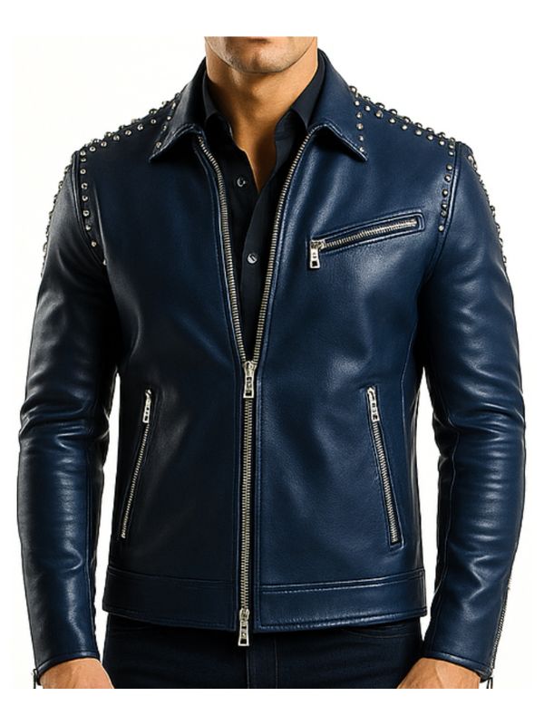 Men's Theodore Blue Leather Biker Jacket