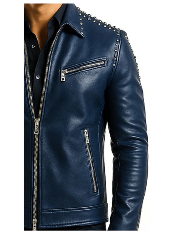 Men's Theodore Blue Leather Biker Jacket