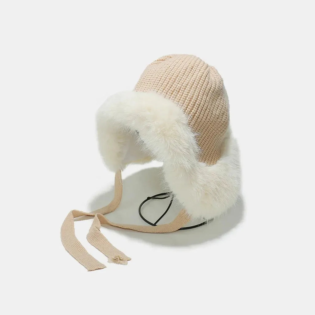 Thermal Ribbed Knit Ear Flap Hat with Fuzzy Ties